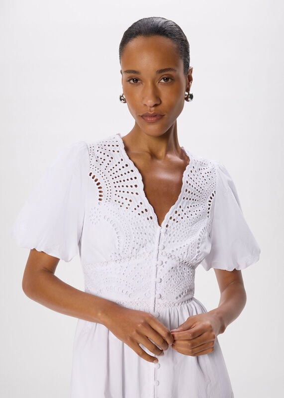 White Cotton Broderie V Neck Dress