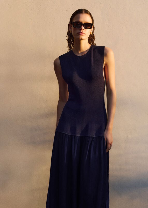 Navy Knitted 2in1 Bubble Hem Dress