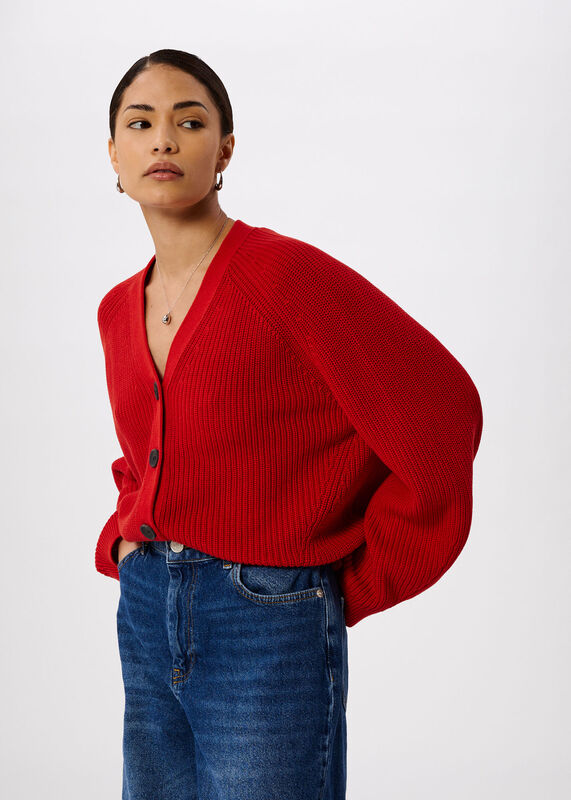 Red Petite V Neck Cotton Cardigan