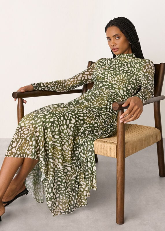 Green Animal Tiered Mesh Dress