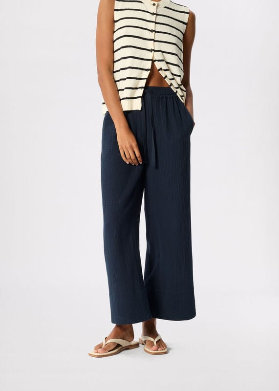 Navy Wide Crop Cheesecloth Trouser